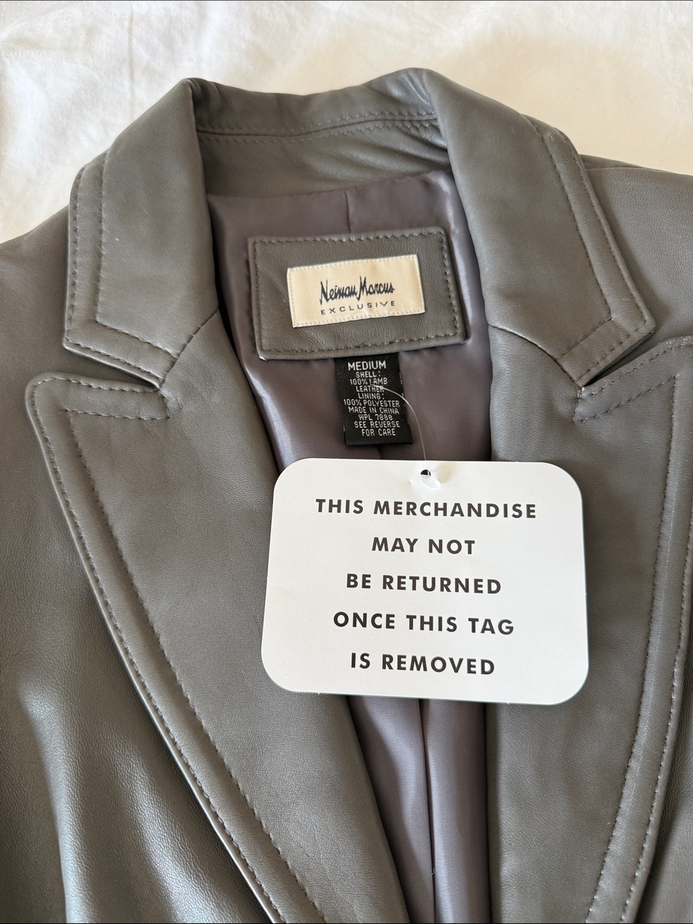 Neiman Marcus 100% Lamb Gray Leather Tailored Blazer